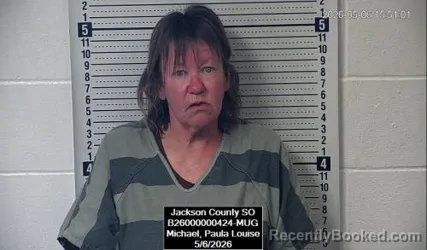 Mugshot of Paula Louise Michael booked in Jackson County, Kansas on May 6, 2026