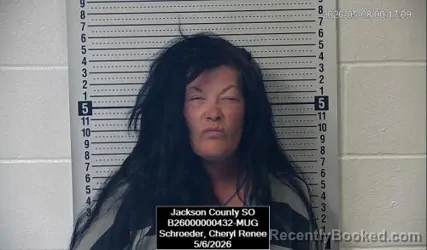 Mugshot of Cheryl Renee Schroeder booked in Jackson County, Kansas on May 6, 2026