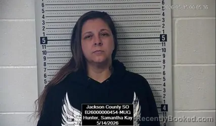Mugshot of Samantha Kay Hunter booked in Jackson County, Kansas on May 14, 2026