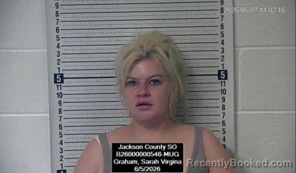 Mugshot of Sarah Virgina Graham booked in Jackson County, Kansas on June 5, 2026