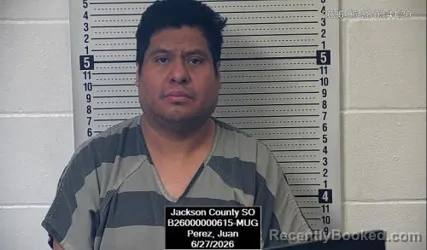 Mugshot of Juan Perez booked in Jackson County, Kansas on June 27, 2026