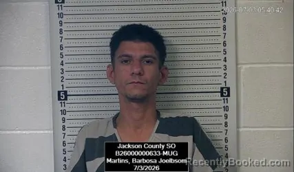 Mugshot of Barbosa Joelbsom Martins booked in Jackson County, Kansas on July 3, 2026
