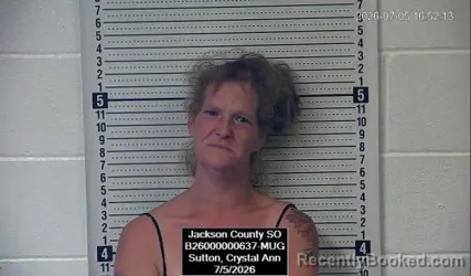 Mugshot of Crystal Ann Sutton booked in Jackson County, Kansas on July 5, 2026