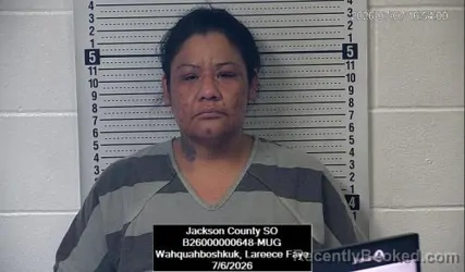 Mugshot of Lareece Faye Wahquahboshkuk booked in Jackson County, Kansas on July 6, 2026