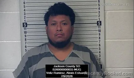 Mugshot of Alexis Estuardo Veliz Ramirez booked in Jackson County, Kansas on July 9, 2026