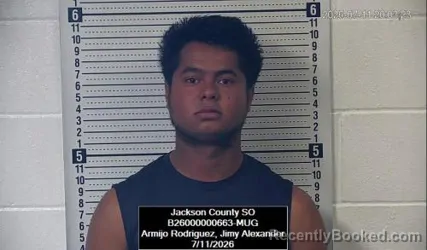 Mugshot of Jimy Alexander Armijo Rodriguez booked in Jackson County, Kansas on July 11, 2026