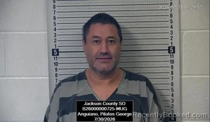 Mugshot of Pilatos George Anguiano booked in Jackson County, Kansas on July 30, 2026