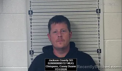 Mugshot of Casey Duane Chrispens booked in Jackson County, Kansas on July 31, 2026