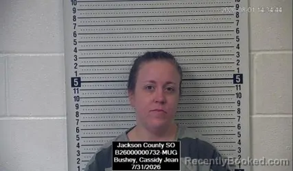 Mugshot of Cassidy Jean Bushey booked in Jackson County, Kansas on July 31, 2026