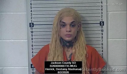 Mugshot of Destainy Alashanae Herrick booked in Jackson County, Kansas on August 2, 2026