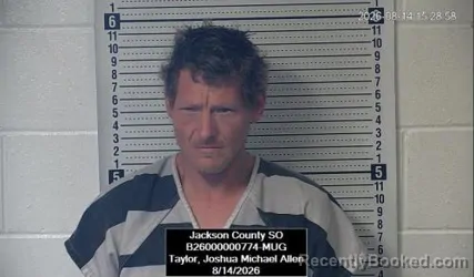 Mugshot of Joshua Michael Allen Taylor booked in Jackson County, Kansas on August 14, 2026