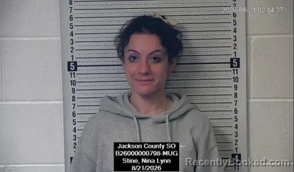 Mugshot of Nina Lynn Stine booked in Jackson County, Kansas on August 21, 2026