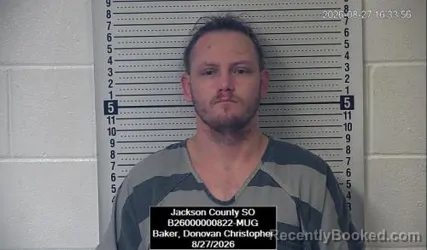 Mugshot of Donovan Christopher Baker booked in Jackson County, Kansas on August 27, 2026