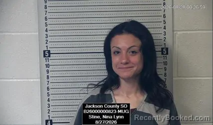 Mugshot of Nina Lynn Stine booked in Jackson County, Kansas on August 27, 2026
