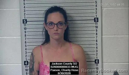 Mugshot of Charity Rose Paxson booked in Jackson County, Kansas on August 30, 2026