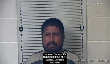Mugshot of Cornelio Garcia booked in Jackson County, Kansas on September 4, 2026