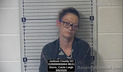 Mugshot of Carrie Leigh Burns booked in Jackson County, Kansas on September 6, 2026