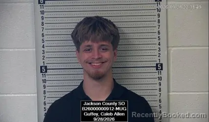 Mugshot of Caleb Allen Guffey booked in Jackson County, Kansas on September 28, 2026