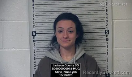 Mugshot of Nina Lynn Stine booked in Jackson County, Kansas on October 1, 2026