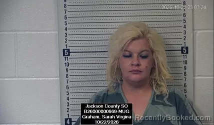 Mugshot of Sarah Virgina Graham booked in Jackson County, Kansas on October 22, 2026