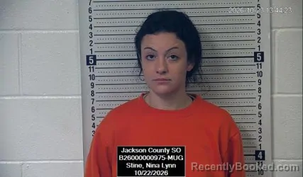 Mugshot of Nina Lynn Stine booked in Jackson County, Kansas on October 22, 2026