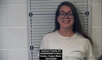 Mugshot of Raven Marie Barber booked in Jackson County, Kansas on October 23, 2026