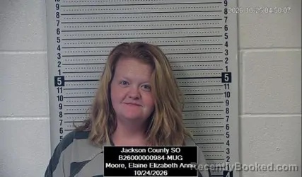 Mugshot of Elaine Elizabeth Anne Moore booked in Jackson County, Kansas on October 24, 2026