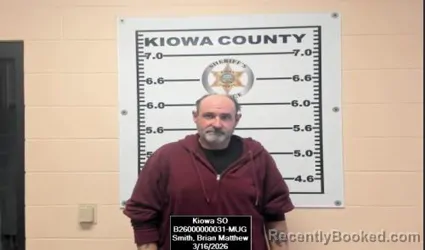 Mugshot of Brian Matthew Smith booked in Kiowa County, Kansas on March 16, 2026