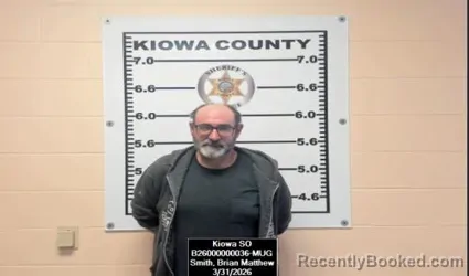 Mugshot of Brian Matthew Smith booked in Kiowa County, Kansas on March 31, 2026