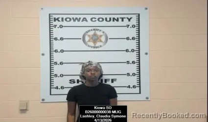 Mugshot of Claudia Symone Lashley booked in Kiowa County, Kansas on April 13, 2026