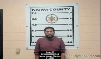 Mugshot of Jamien Christian Nunez booked in Kiowa County, Kansas on April 14, 2026