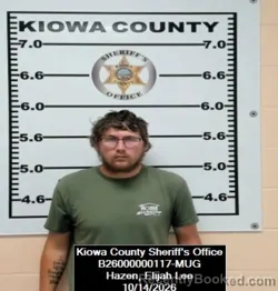 Mugshot of Elijah Lee Hazen booked in Kiowa County, Kansas on October 14, 2026