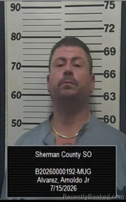 Mugshot of Arnoldo Alvarez Jr booked in Sherman County, Kansas on July 15, 2026