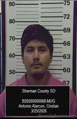 Mugshot of Cristian Antonio Alarcon booked in Sherman County, Kansas on March 25, 2026