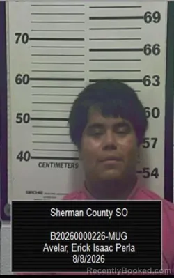 Mugshot of Erick Isaac Perla Avelar booked in Sherman County, Kansas on August 8, 2026