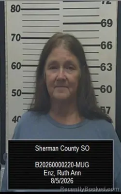Mugshot of Ruth Ann Enz booked in Sherman County, Kansas on August 5, 2026
