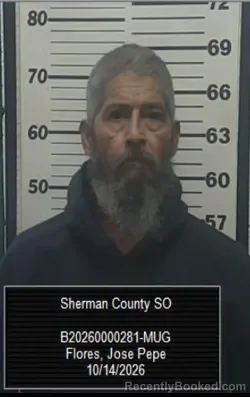 Mugshot of Jose Pepe Flores booked in Sherman County, Kansas on October 14, 2026