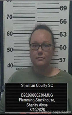 Mugshot of Shanity Alyse Flemming-Stackhouse booked in Sherman County, Kansas on August 10, 2026