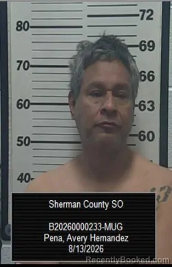 Mugshot of Avery Hernandez Pena booked in Sherman County, Kansas on August 13, 2026
