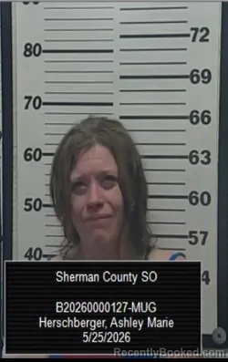 Mugshot of Ashley Marie Herschberger booked in Sherman County, Kansas on May 25, 2026