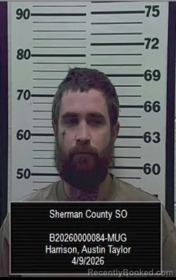 Mugshot of Austin Taylor Harrison booked in Sherman County, Kansas on April 9, 2026