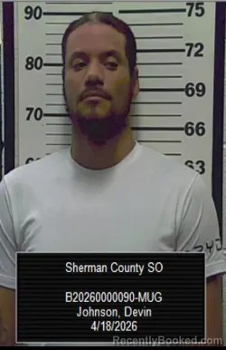 Mugshot of Devin Johnson booked in Sherman County, Kansas on April 18, 2026