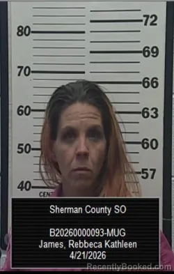 Mugshot of Rebecca Kathleen James booked in Sherman County, Kansas on April 21, 2026