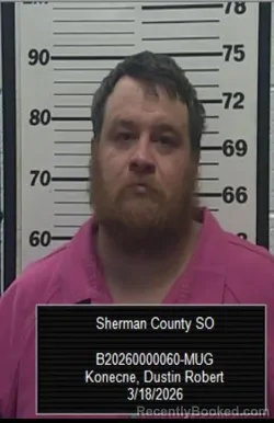 Mugshot of Dustin Robert Konecne booked in Sherman County, Kansas on March 18, 2026