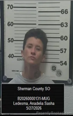 Mugshot of Anadelia Sasha Ledesma booked in Sherman County, Kansas on May 27, 2026