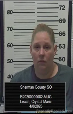 Mugshot of Crystal Marie Leach booked in Sherman County, Kansas on April 8, 2026