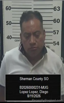 Mugshot of Diego Lopez Lopez booked in Sherman County, Kansas on August 11, 2026