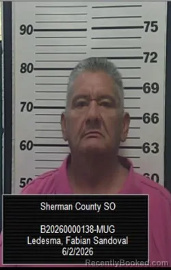 Mugshot of Fabian Sandoval Ledesma booked in Sherman County, Kansas on June 1, 2026