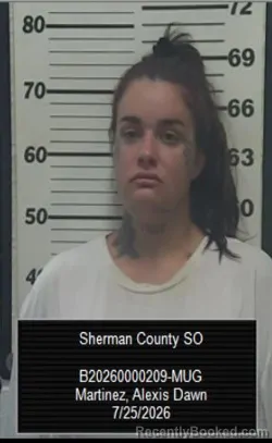 Mugshot of Alexis Dawn Martinez booked in Sherman County, Kansas on July 25, 2026