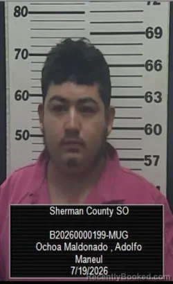 Mugshot of Adolfo Manuel Ochoa Maldonado booked in Sherman County, Kansas on July 19, 2026